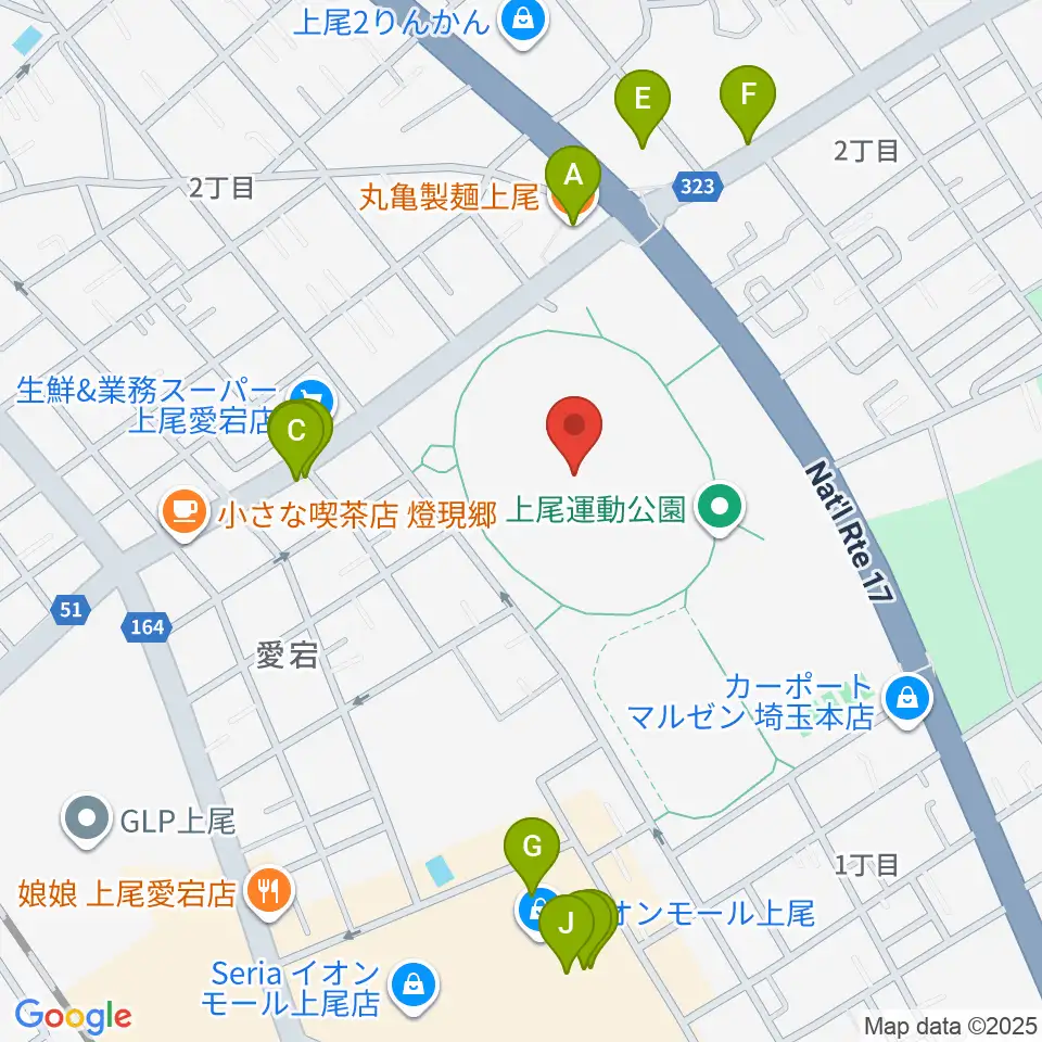 上尾運動公園陸上競技場周辺のファミレス・ファーストフード一覧地図
