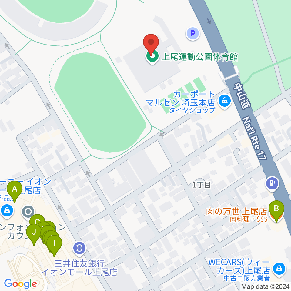 上尾運動公園体育館周辺のファミレス・ファーストフード一覧地図