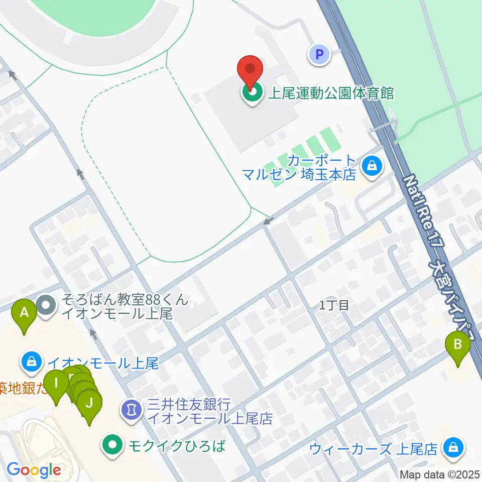 上尾運動公園体育館周辺のファミレス・ファーストフード一覧地図