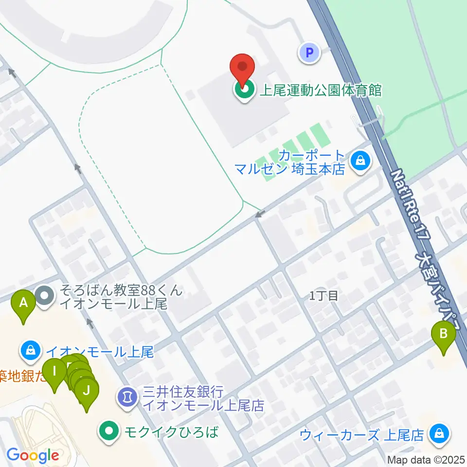 上尾運動公園体育館周辺のファミレス・ファーストフード一覧地図