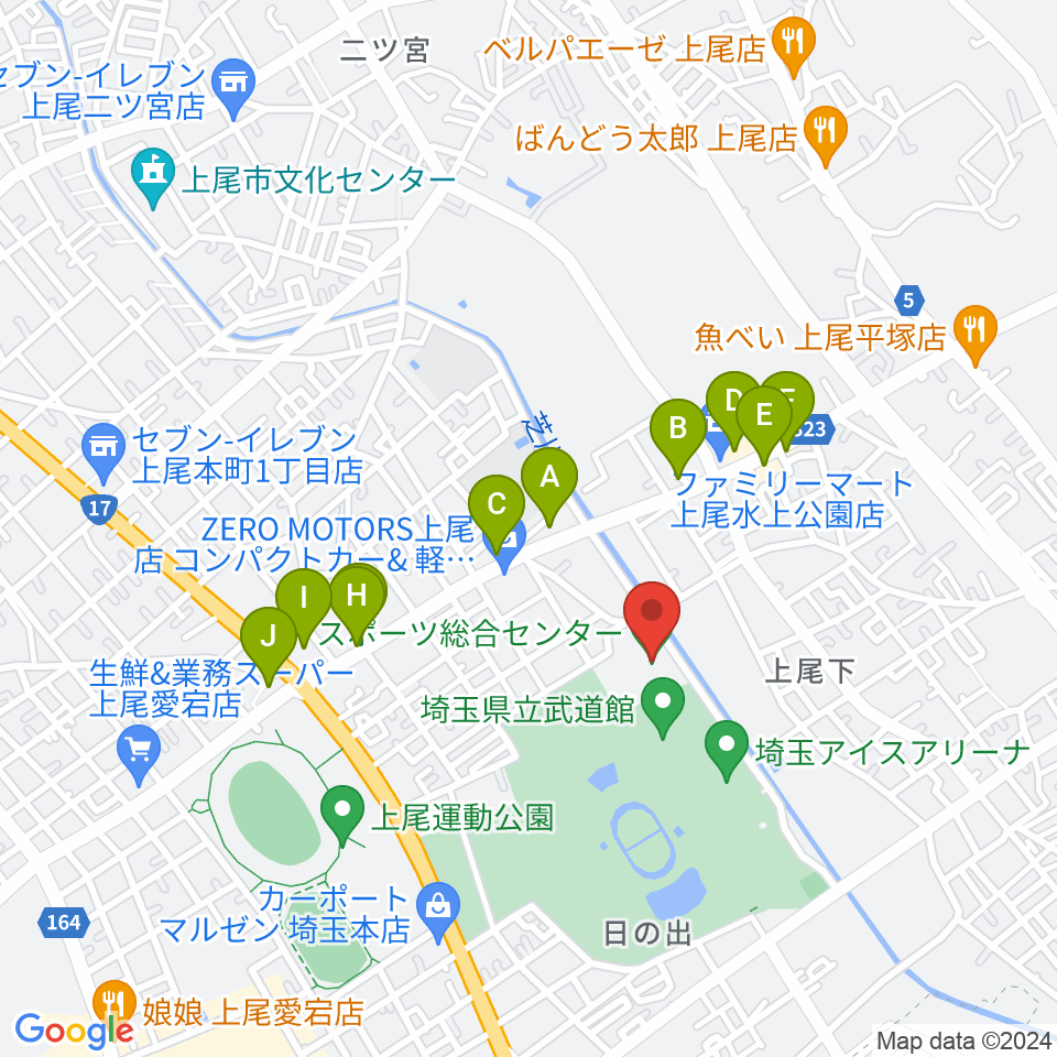 埼玉県立スポーツ総合センター周辺のファミレス・ファーストフード一覧地図