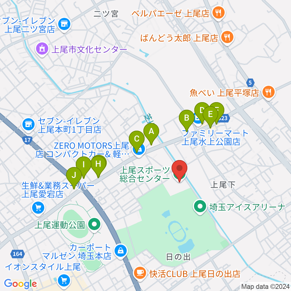 埼玉県立スポーツ総合センター周辺のファミレス・ファーストフード一覧地図