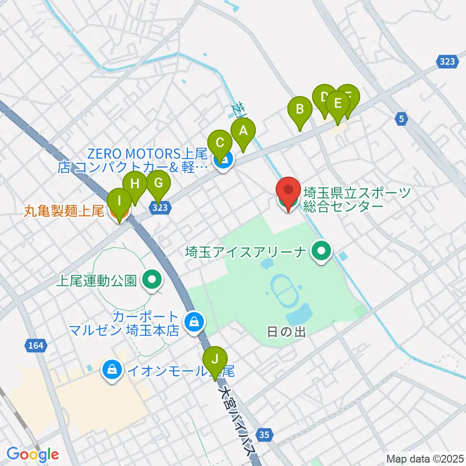 埼玉県立スポーツ総合センター周辺のファミレス・ファーストフード一覧地図