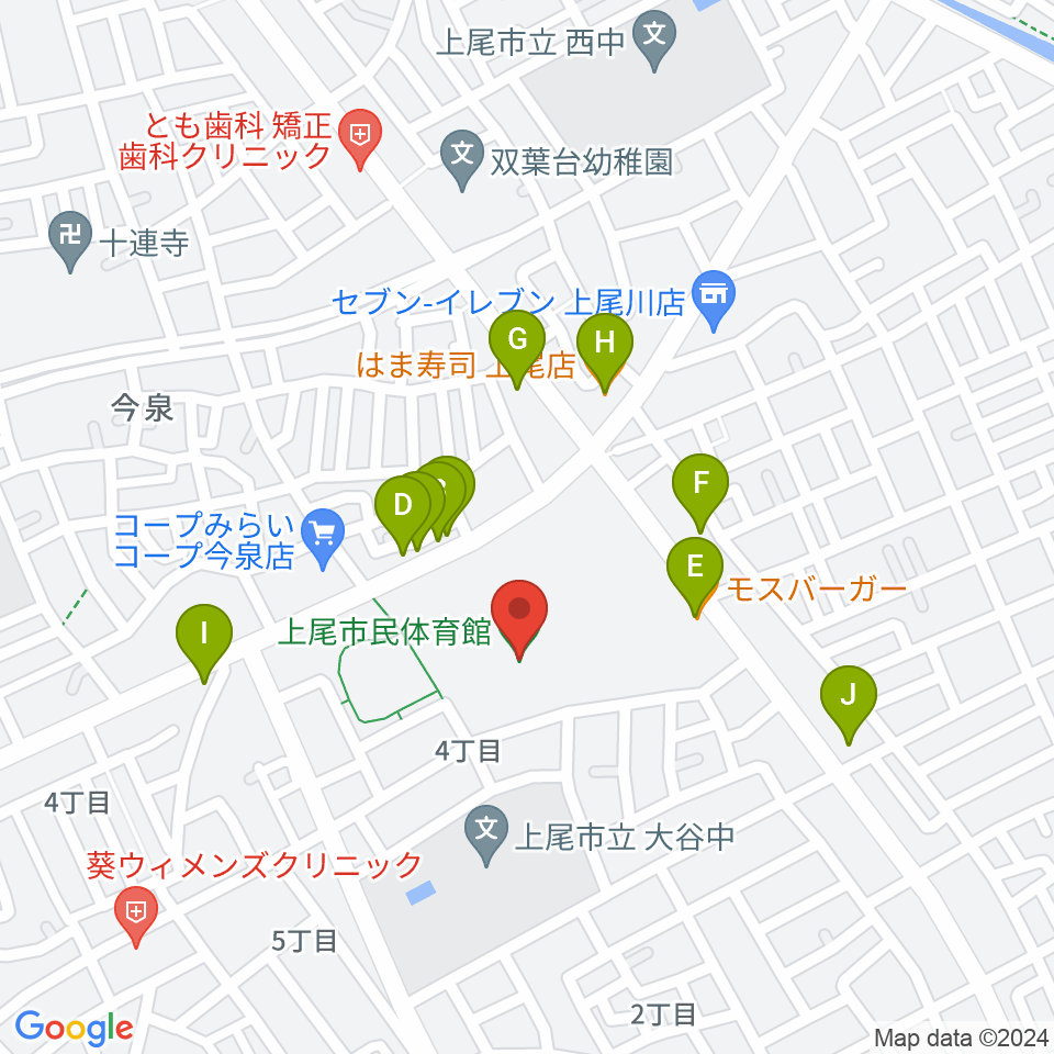 上尾市民体育館周辺のファミレス・ファーストフード一覧地図