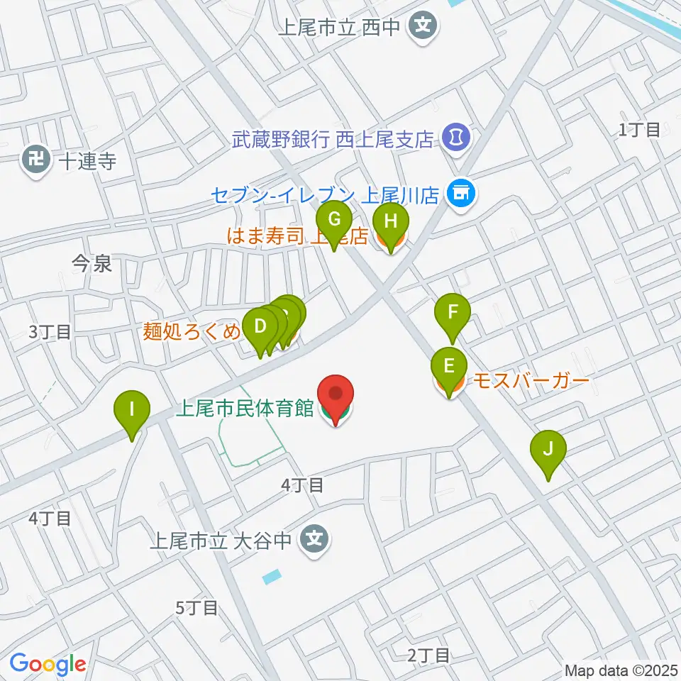 上尾市民体育館周辺のファミレス・ファーストフード一覧地図