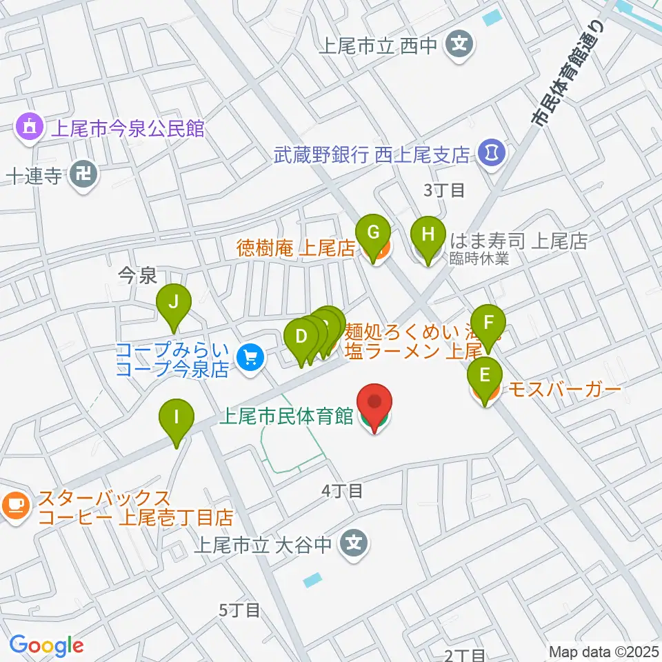 上尾市民体育館周辺のファミレス・ファーストフード一覧地図