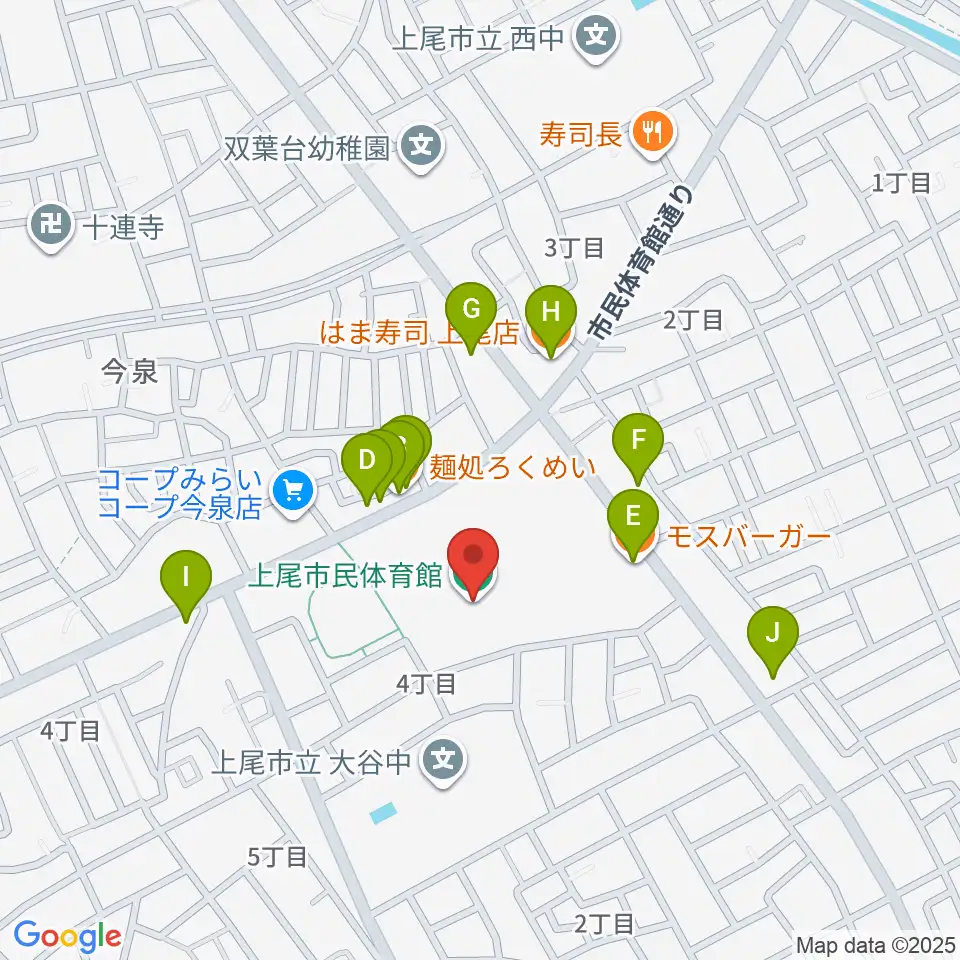 上尾市民体育館周辺のファミレス・ファーストフード一覧地図
