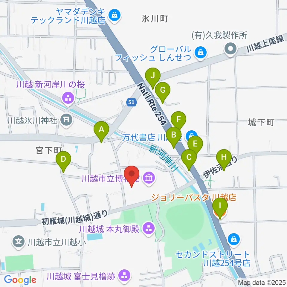 川越市立美術館周辺のファミレス・ファーストフード一覧地図