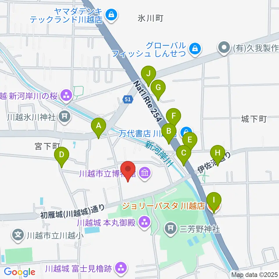 川越市立美術館周辺のファミレス・ファーストフード一覧地図