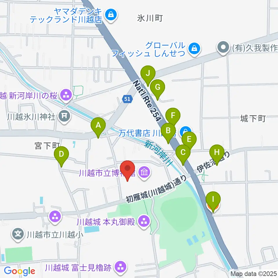 川越市立美術館周辺のファミレス・ファーストフード一覧地図