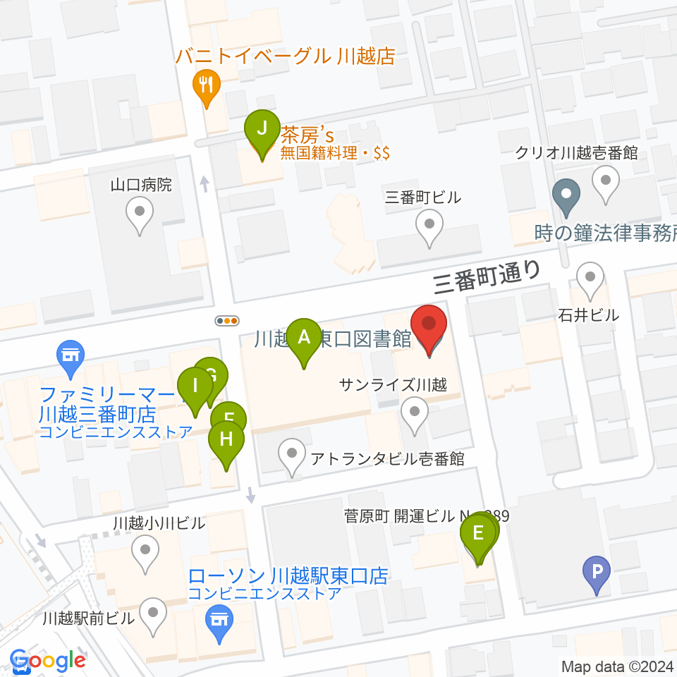川越駅東口多目的ホール周辺のファミレス・ファーストフード一覧地図