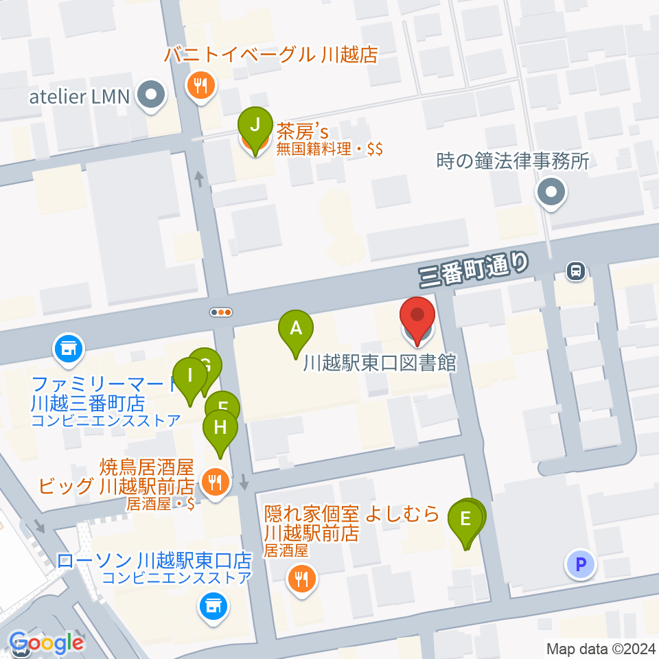 川越駅東口多目的ホール周辺のファミレス・ファーストフード一覧地図