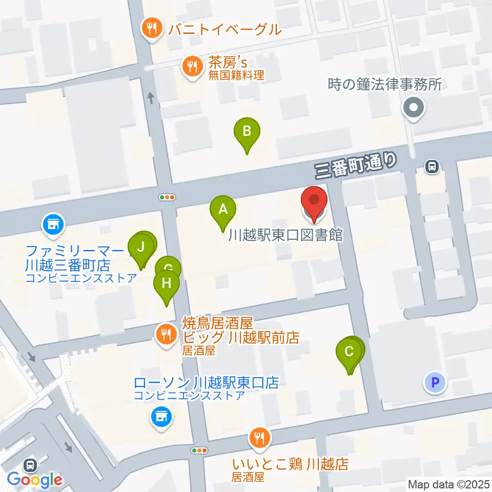 川越駅東口多目的ホール周辺のファミレス・ファーストフード一覧地図
