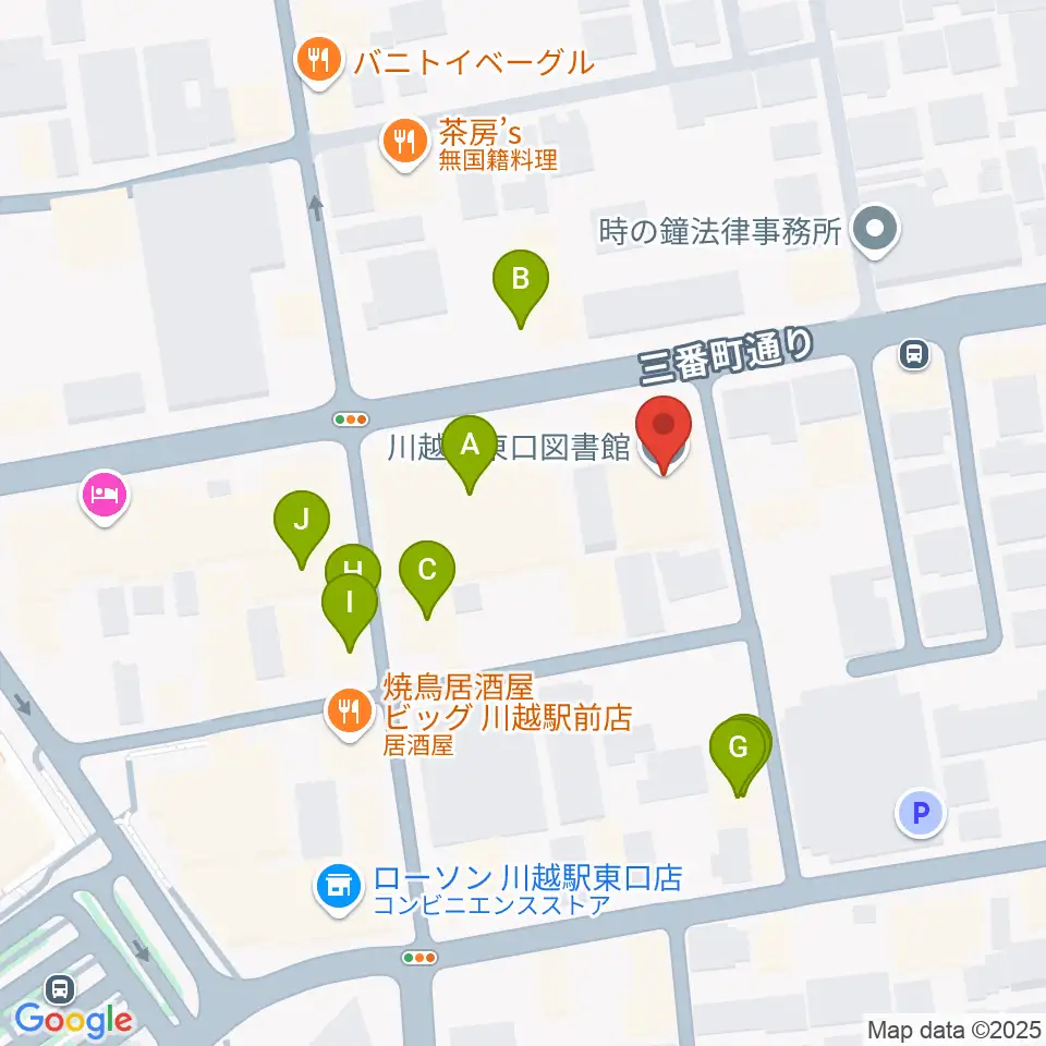 川越駅東口多目的ホール周辺のファミレス・ファーストフード一覧地図