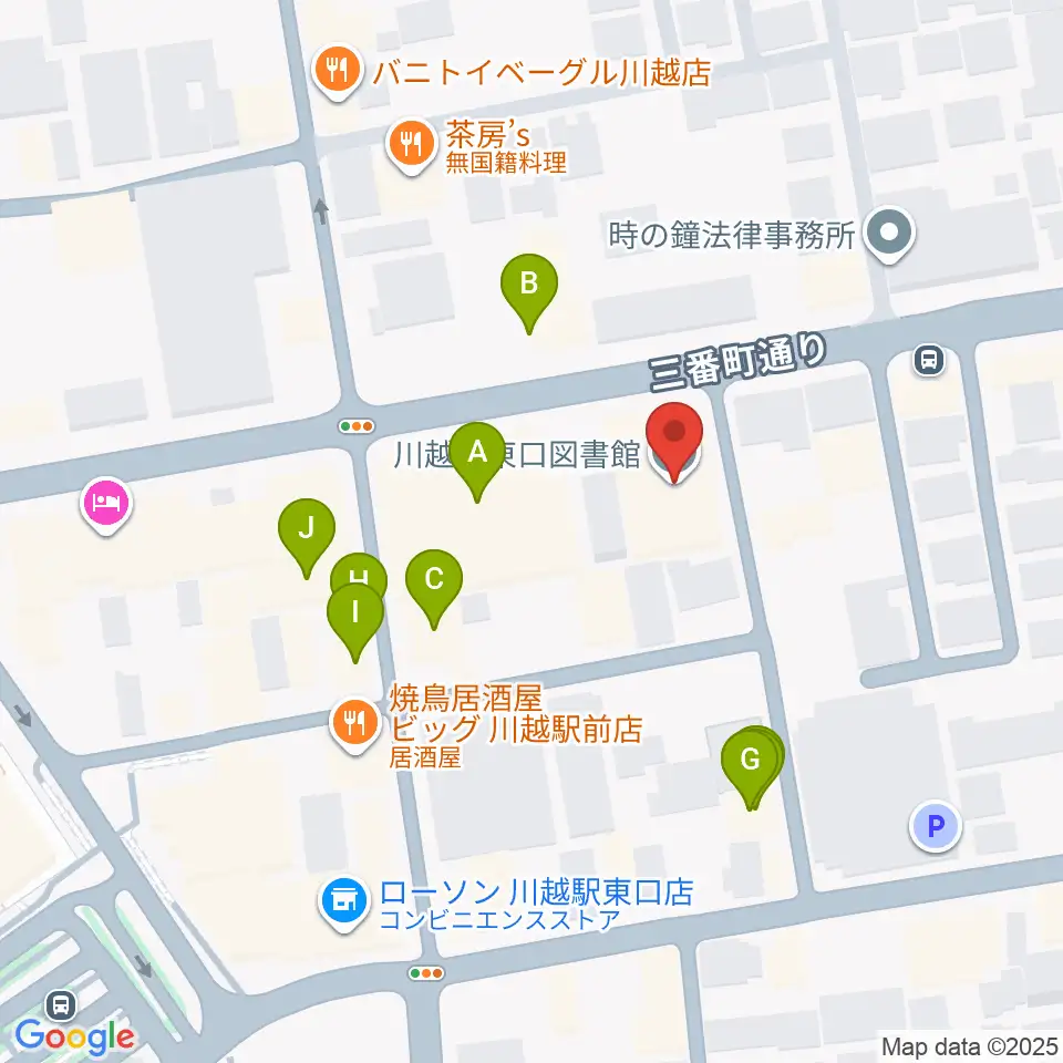 川越駅東口多目的ホール周辺のファミレス・ファーストフード一覧地図