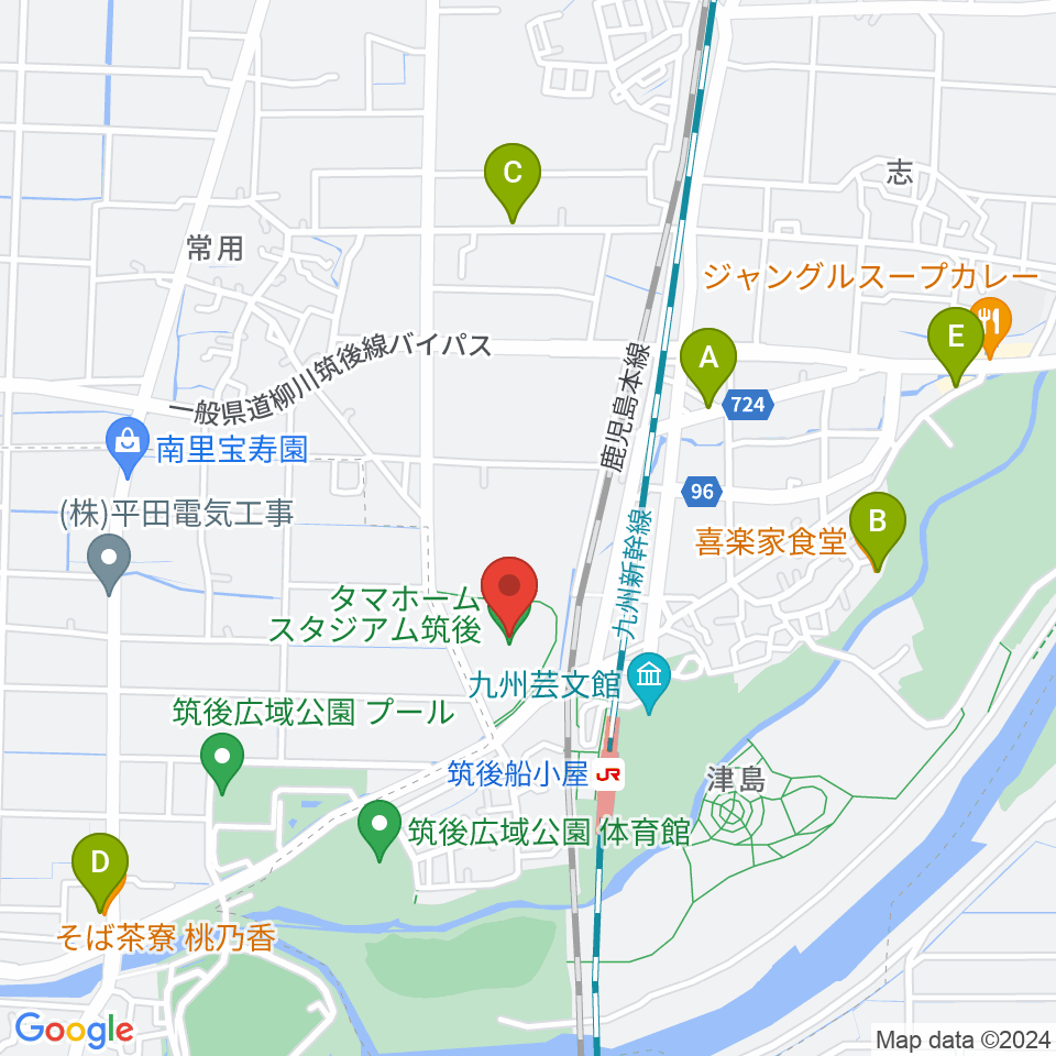 タマホーム スタジアム筑後周辺のファミレス・ファーストフード一覧地図