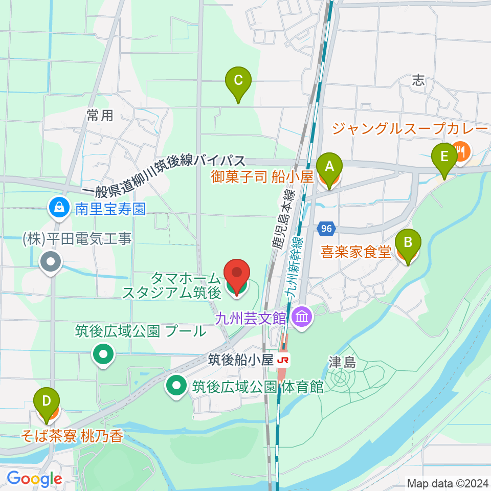 タマホーム スタジアム筑後周辺のファミレス・ファーストフード一覧地図