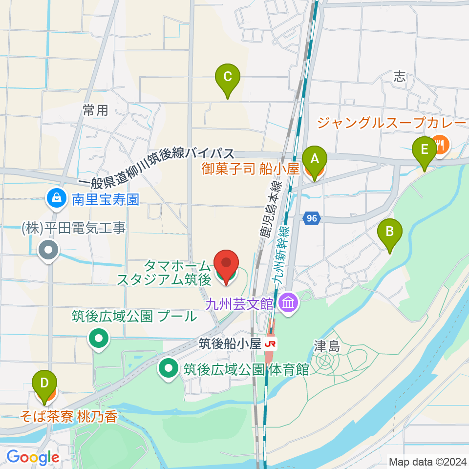 タマホーム スタジアム筑後周辺のファミレス・ファーストフード一覧地図