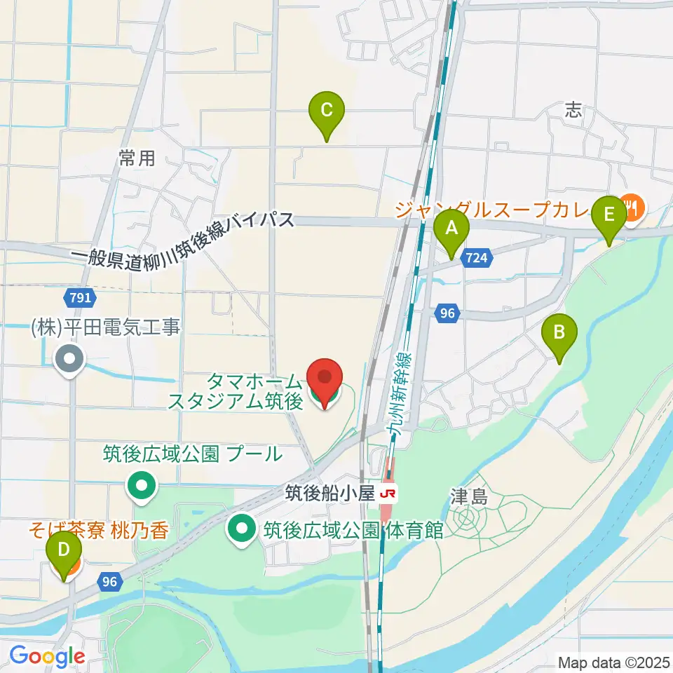 タマホーム スタジアム筑後周辺のファミレス・ファーストフード一覧地図