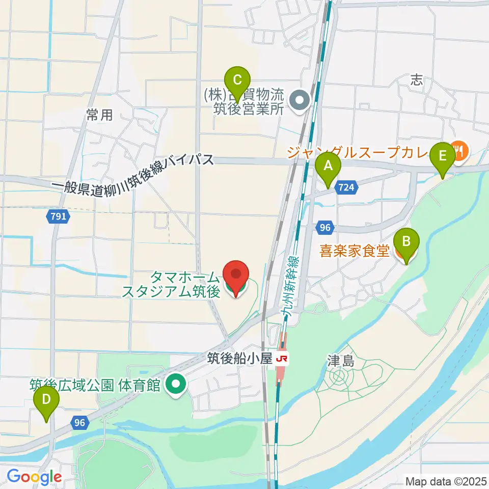 タマホーム スタジアム筑後周辺のファミレス・ファーストフード一覧地図