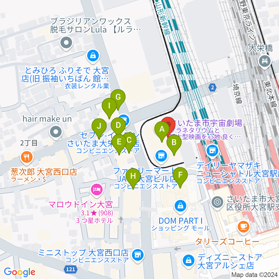 さいたま市宇宙劇場周辺のファミレス・ファーストフード一覧地図