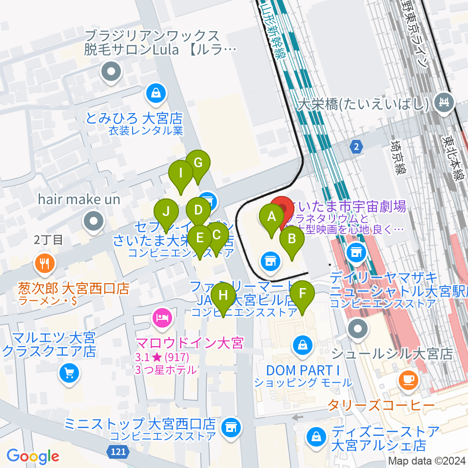 さいたま市宇宙劇場周辺のファミレス・ファーストフード一覧地図