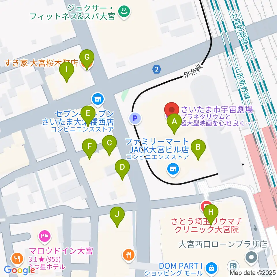 さいたま市宇宙劇場周辺のファミレス・ファーストフード一覧地図