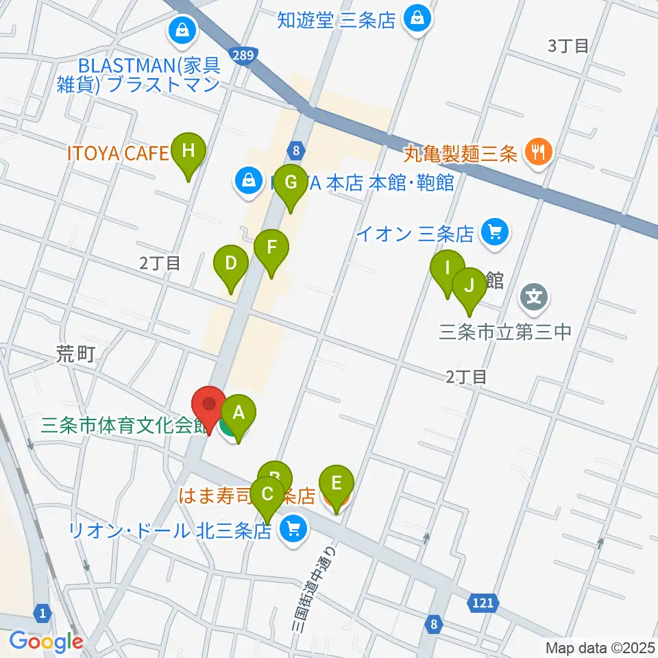 三条市体育文化会館周辺のファミレス・ファーストフード一覧地図