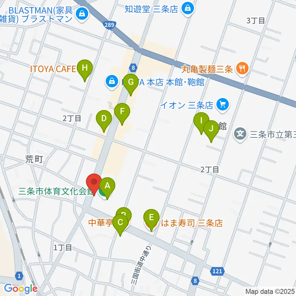 三条市体育文化会館周辺のファミレス・ファーストフード一覧地図