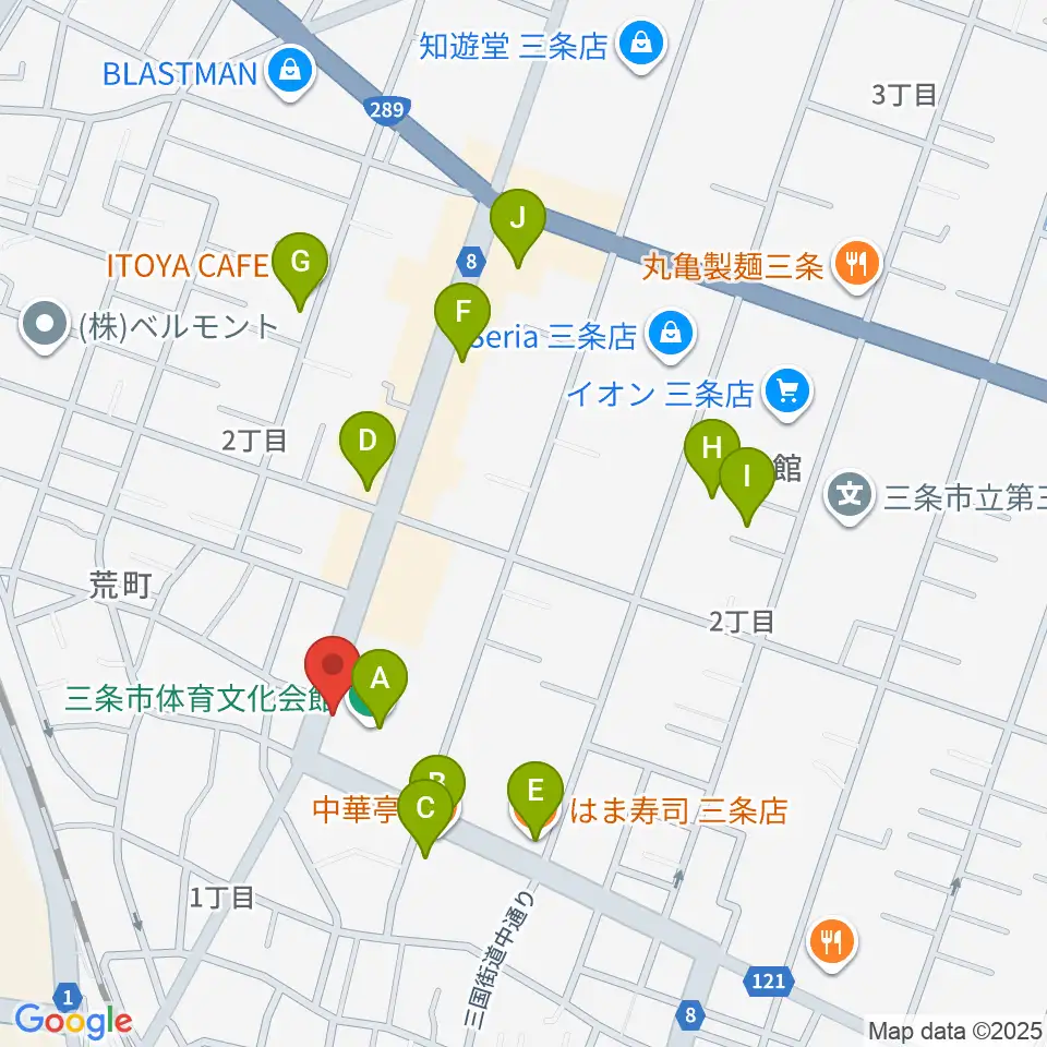 三条市体育文化会館周辺のファミレス・ファーストフード一覧地図