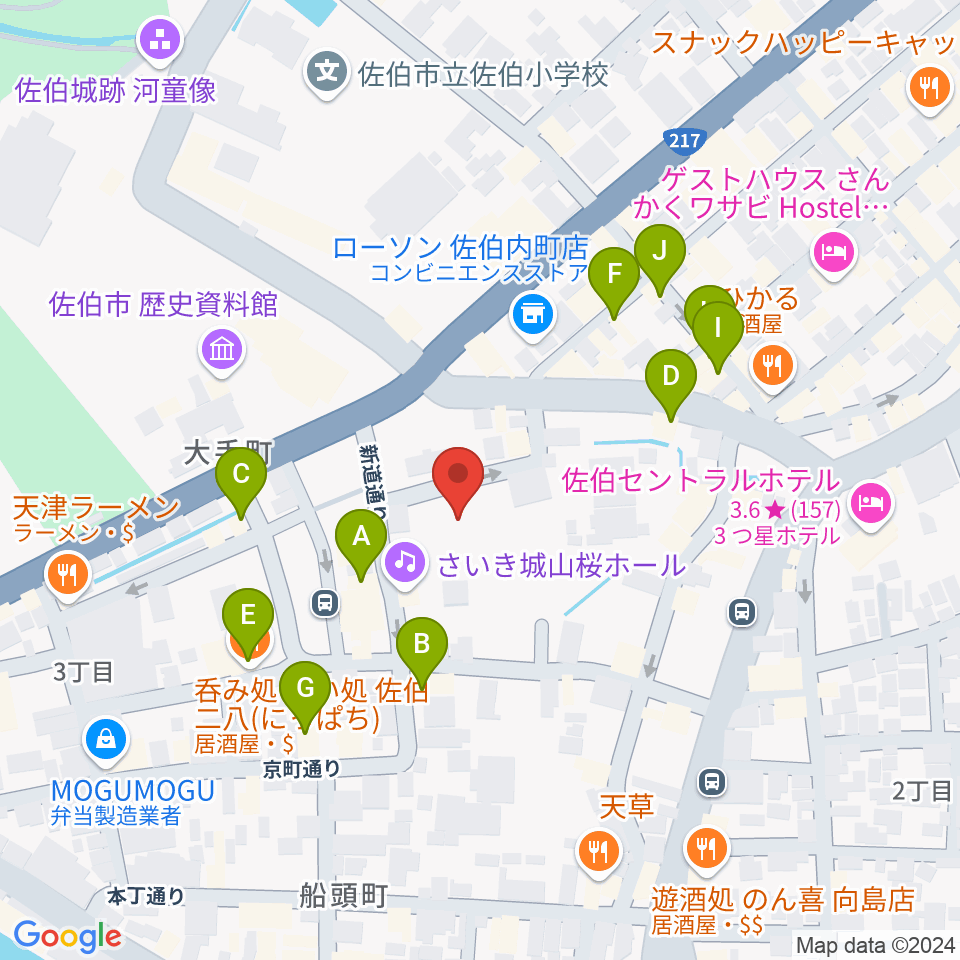 さいき城山桜ホール周辺のファミレス・ファーストフード一覧地図