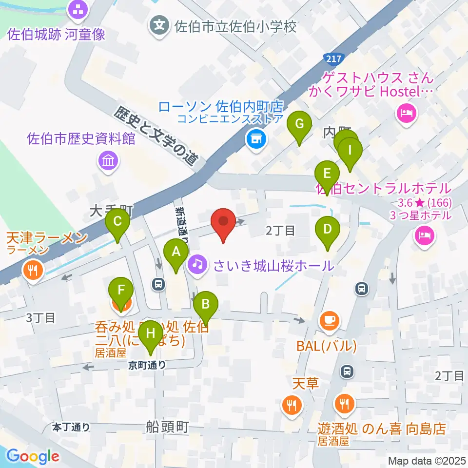 さいき城山桜ホール周辺のファミレス・ファーストフード一覧地図