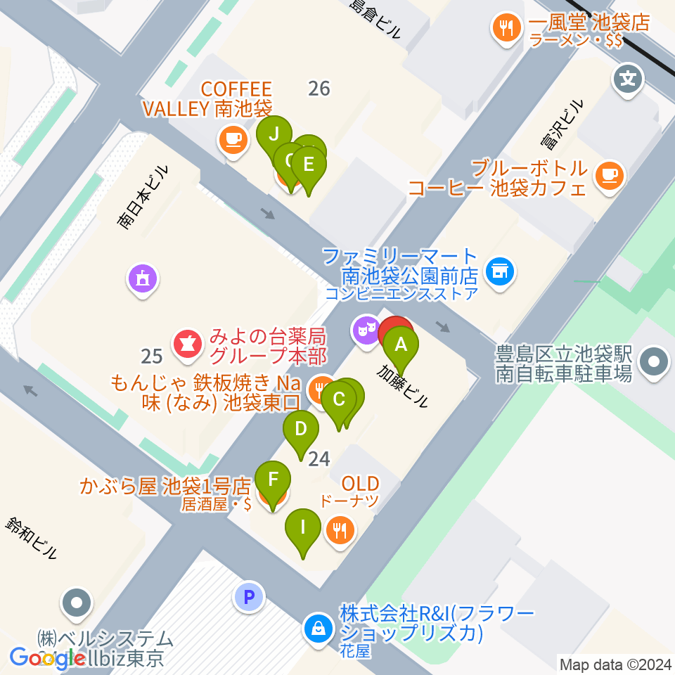 アカペラスタジオBASS ON TOP池袋東口店周辺のファミレス・ファーストフード一覧地図