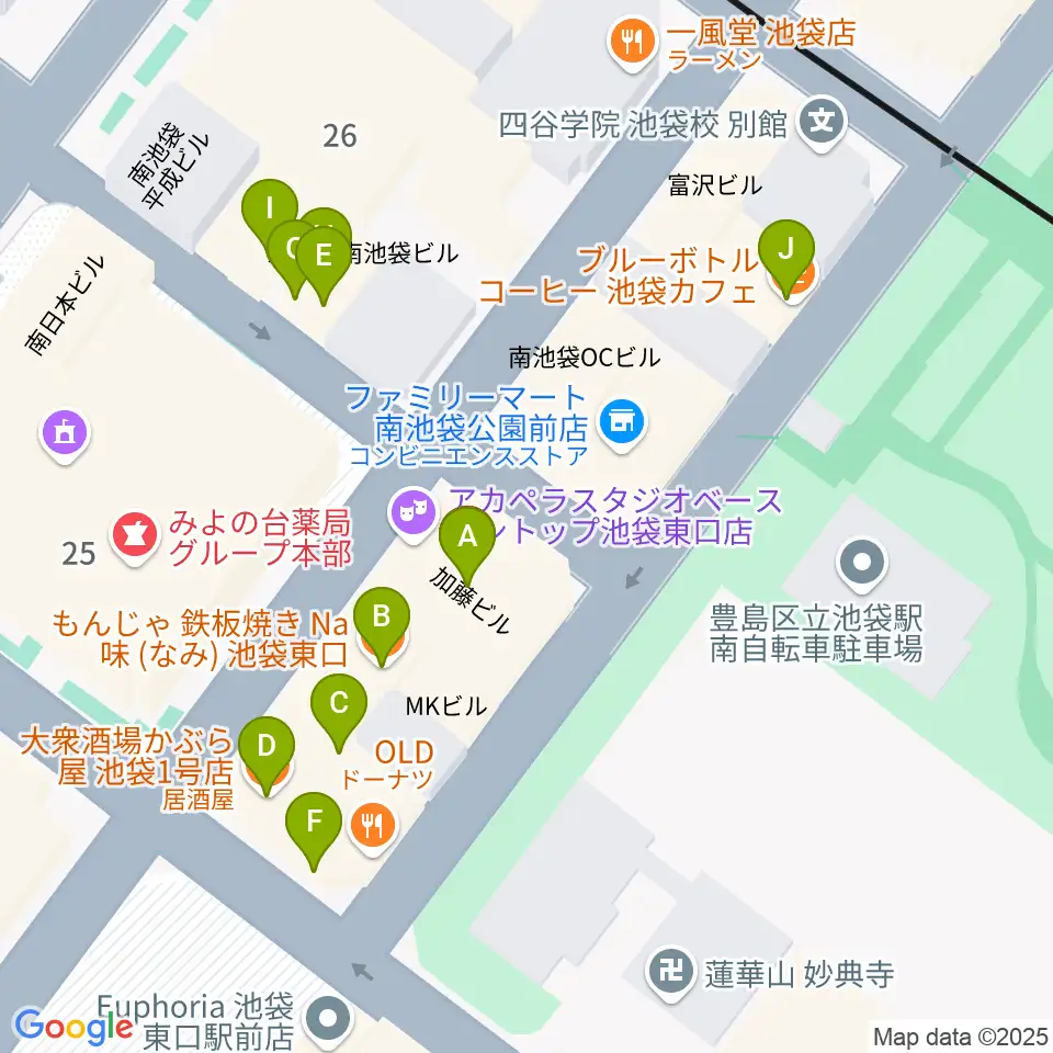 アカペラスタジオBASS ON TOP池袋東口店周辺のファミレス・ファーストフード一覧地図