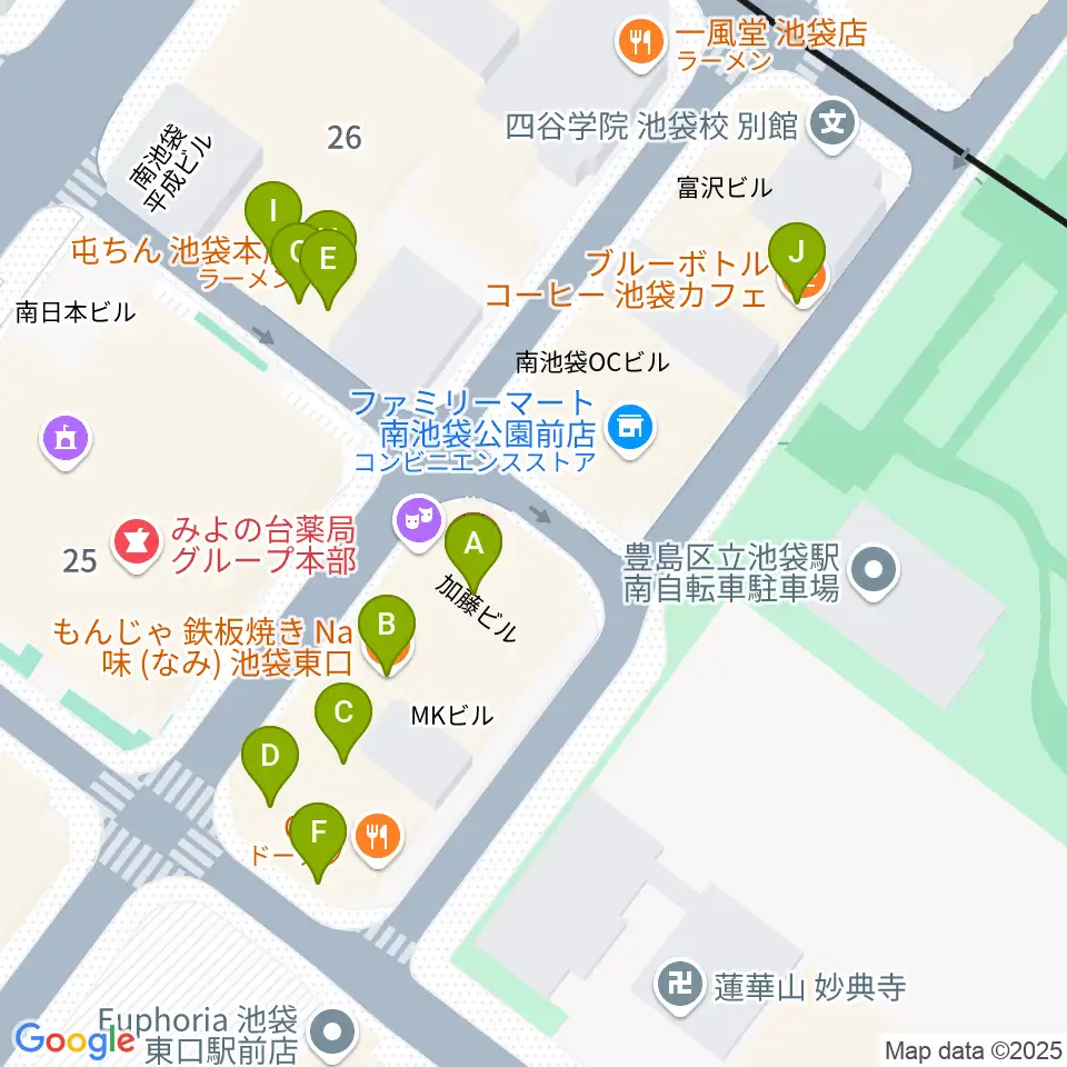 アカペラスタジオBASS ON TOP池袋東口店周辺のファミレス・ファーストフード一覧地図