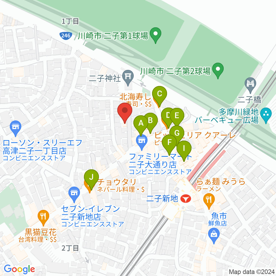 ふたこ音楽館周辺のファミレス・ファーストフード一覧地図