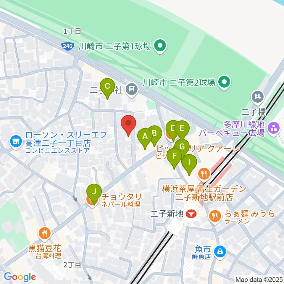 ふたこ音楽館周辺のファミレス・ファーストフード一覧地図