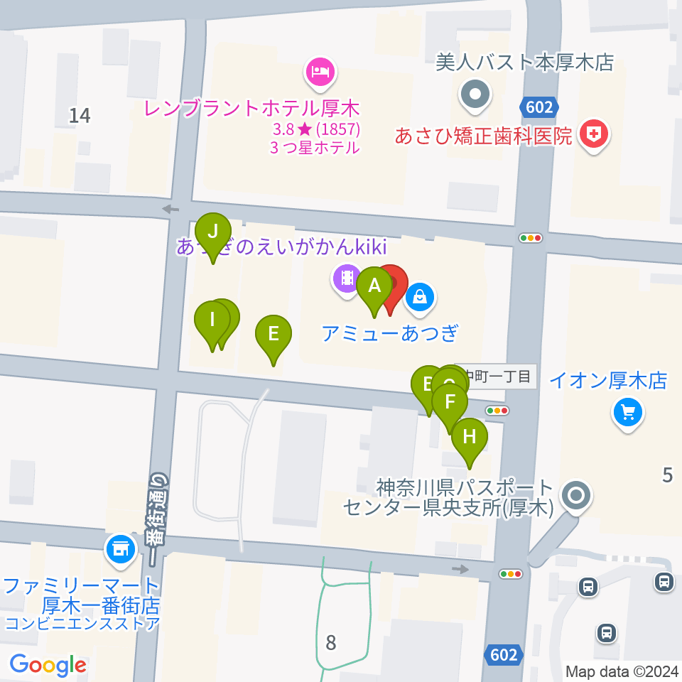 あつぎのえいがかんkiki周辺のファミレス・ファーストフード一覧地図