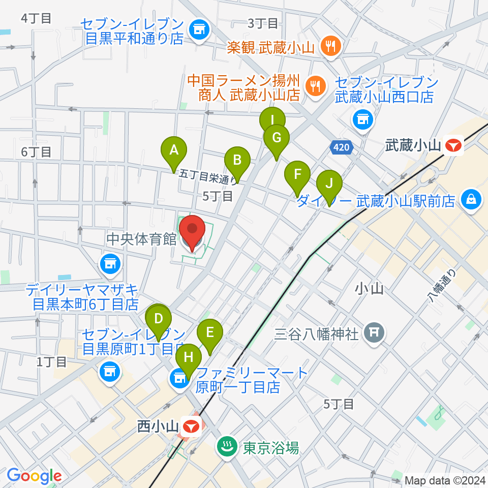 目黒区立中央体育館周辺のファミレス・ファーストフード一覧地図