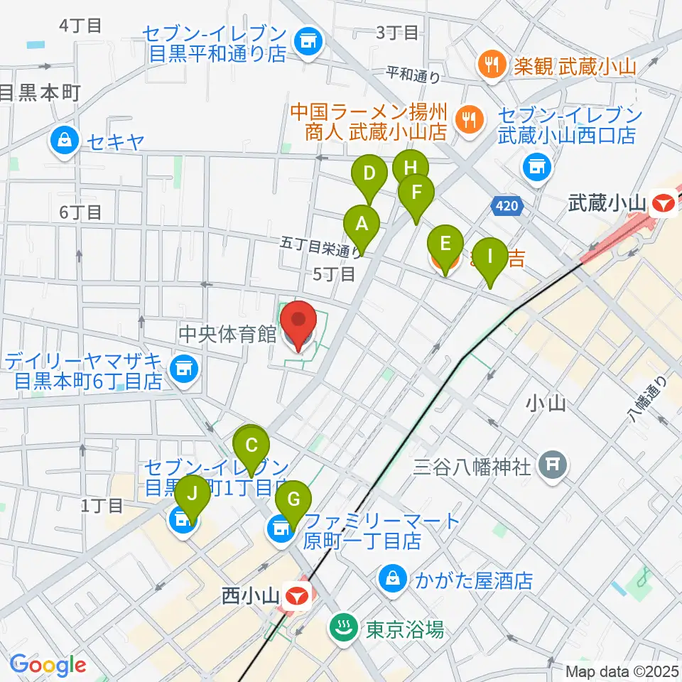 目黒区立中央体育館周辺のファミレス・ファーストフード一覧地図