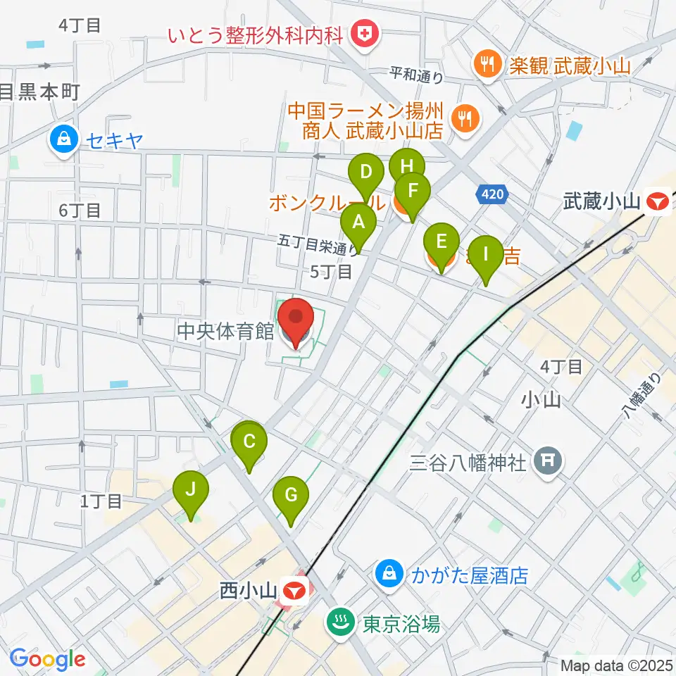 目黒区立中央体育館周辺のファミレス・ファーストフード一覧地図