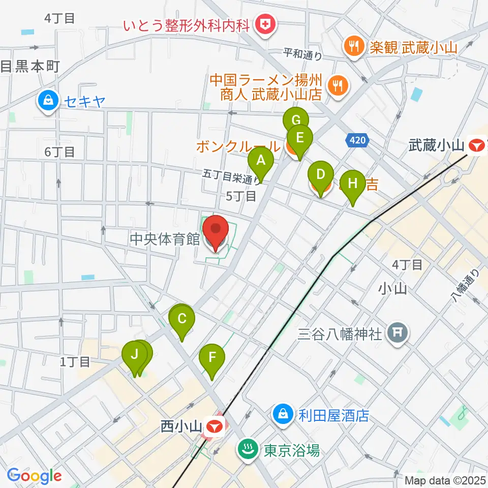 目黒区立中央体育館周辺のファミレス・ファーストフード一覧地図