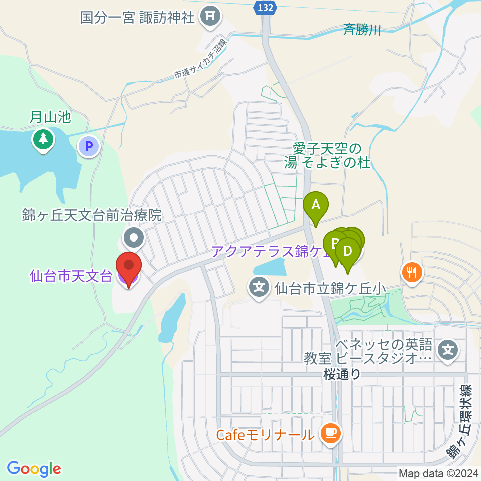 仙台市天文台周辺のファミレス・ファーストフード一覧地図