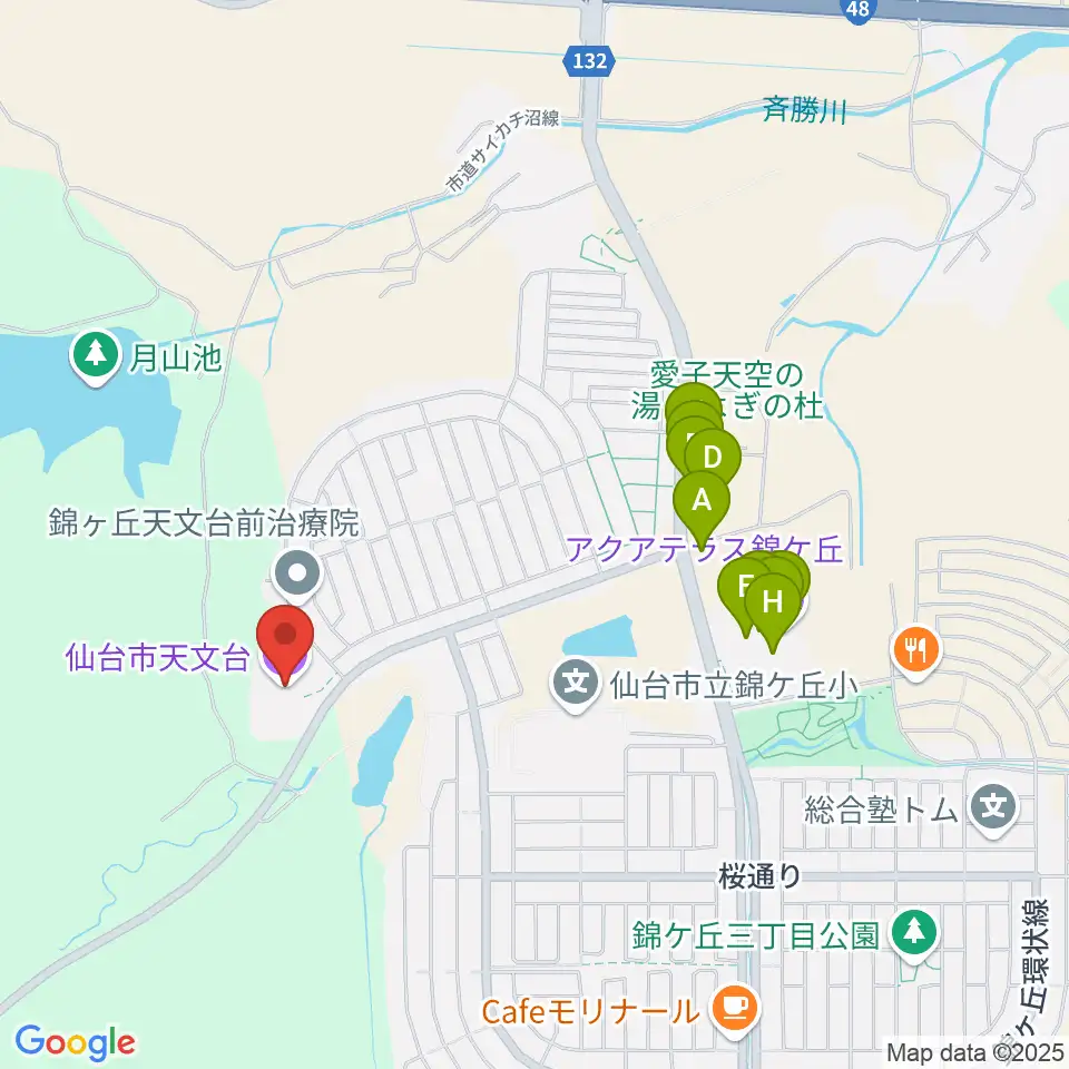 仙台市天文台周辺のファミレス・ファーストフード一覧地図