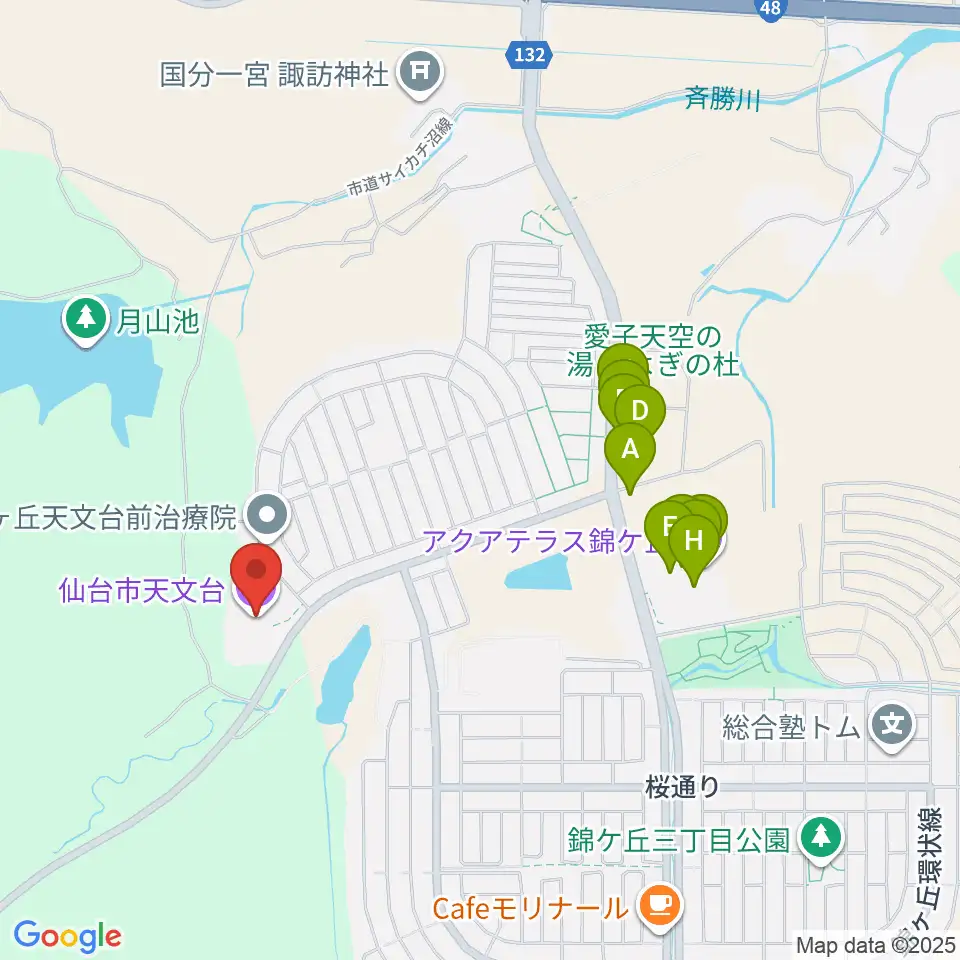 仙台市天文台周辺のファミレス・ファーストフード一覧地図