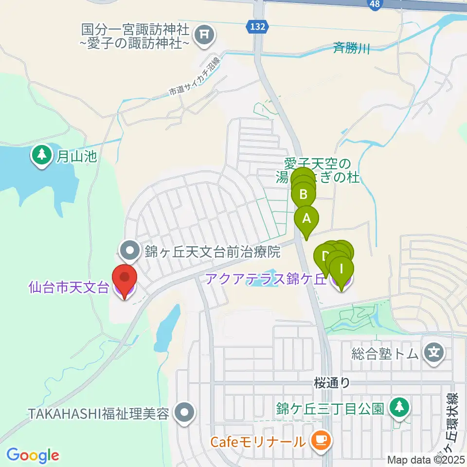 仙台市天文台周辺のファミレス・ファーストフード一覧地図