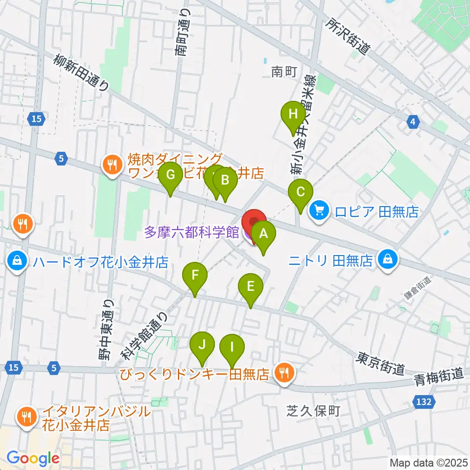 多摩六都科学館周辺のファミレス・ファーストフード一覧地図
