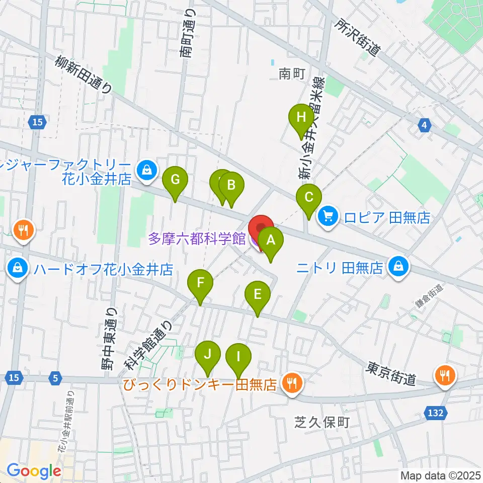 多摩六都科学館周辺のファミレス・ファーストフード一覧地図