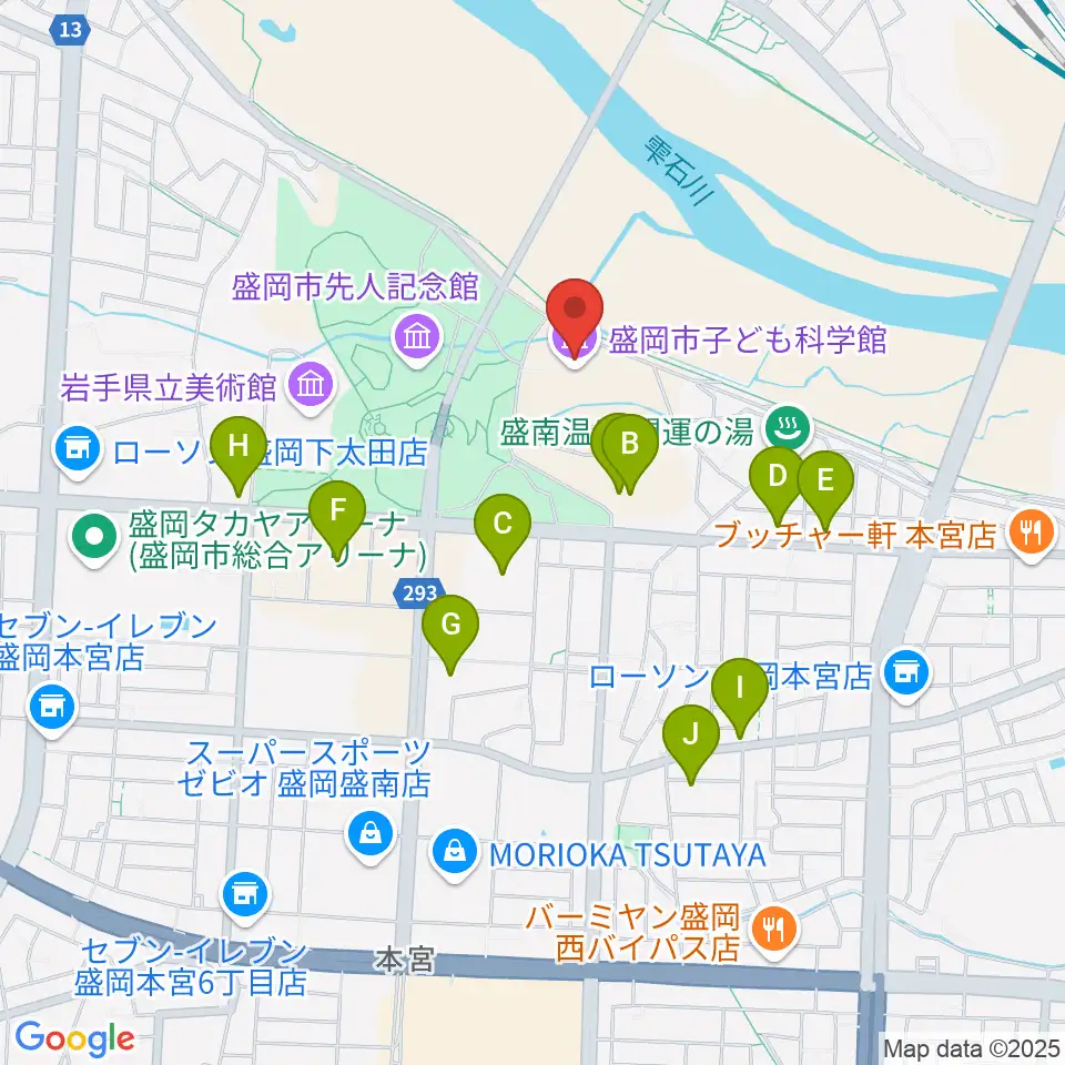 盛岡市子ども科学館周辺のファミレス・ファーストフード一覧地図