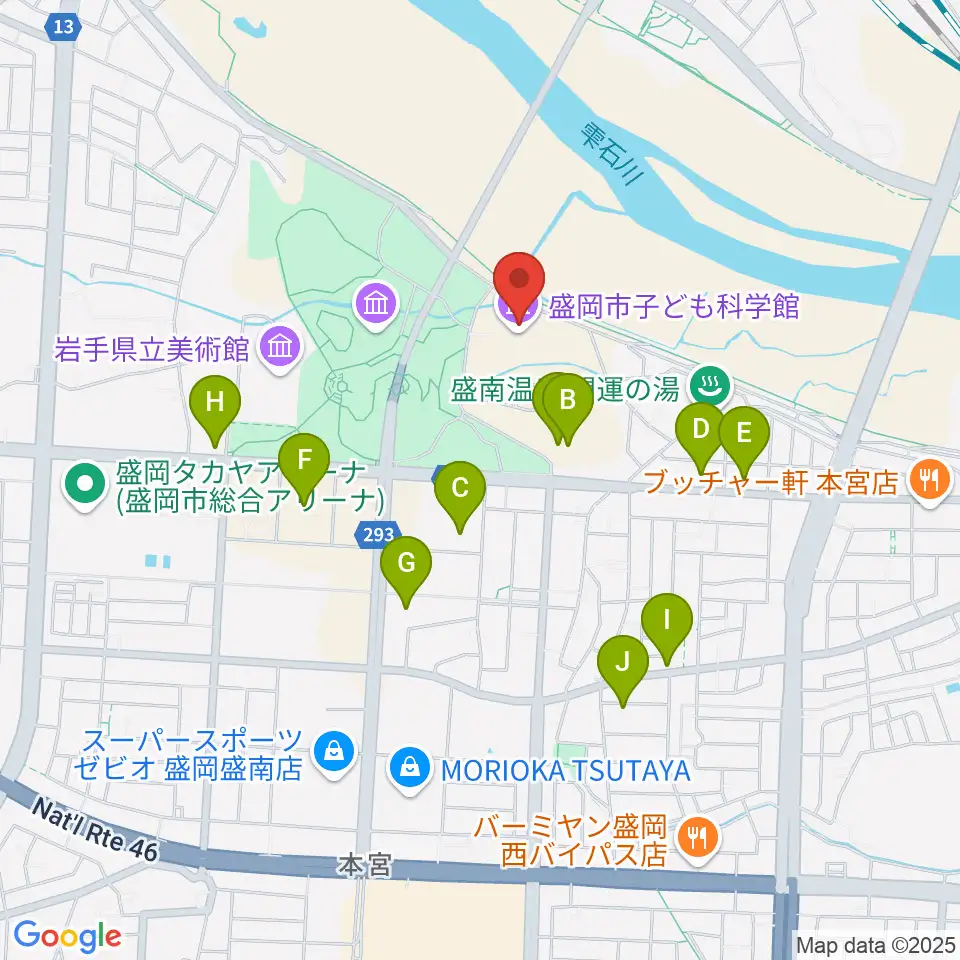 盛岡市子ども科学館周辺のファミレス・ファーストフード一覧地図